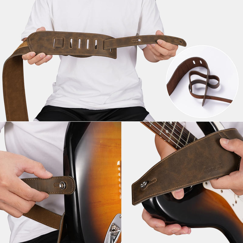 [AUSTRALIA] - Leather Guitar Strap, 3 inch Wide Comfortable Foam Cushion Padded Bass Strap, Adjustable Length from 51" to 57", with Strap Locks & Picks, for Bass/Electric/Acoustic Guitar (Brown) 