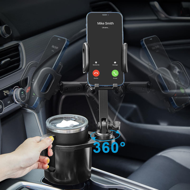Cup Holder Phone Mount, 2 in 1 Cup Holder Expander for Car Long Arm with 360°Rotation Cup Holder Cell Phone Holder for Car Compatible with All Smartphones
