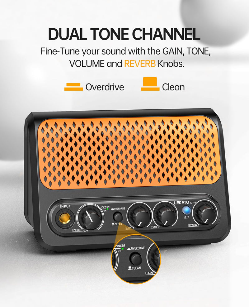 Mini Guitar Amp,LEKATO 10W Portable Electric Guitar Amplifier with Clean & Overdrive Channel,Reverb,Bluetooth Small Guitar Amp for Practice (Black-Orange) Black-Orange