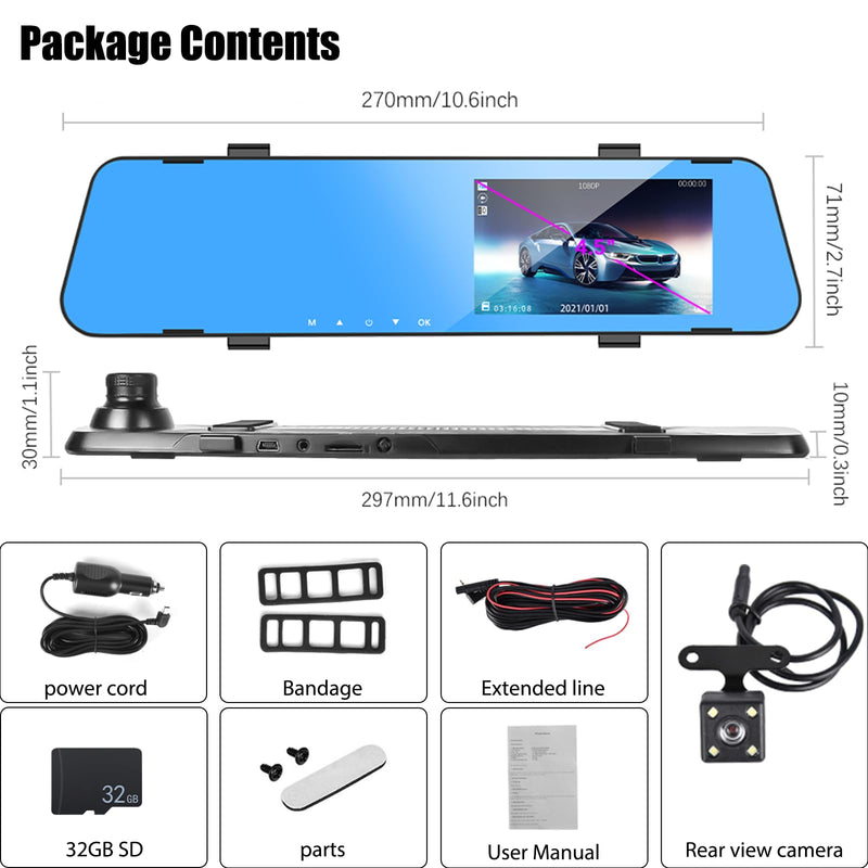 Mirror Dash Cam for Cars,4.5" Rear View Mirror 1080P Front and Rear View Dual Cameras,Super Night Vision,Parking Assistance,G-Sensor,24H Parking Monitor, Waterproof Backup Camera Free 32GB Card 4.5 Inch+32GB SD Card