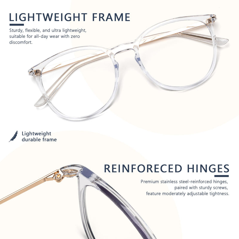 Blue Light Blocking Glasses - Round Frame Metal Arms Computer Screen Glasses for Women Men Anti UV Glare JF6237 A2 - Clear