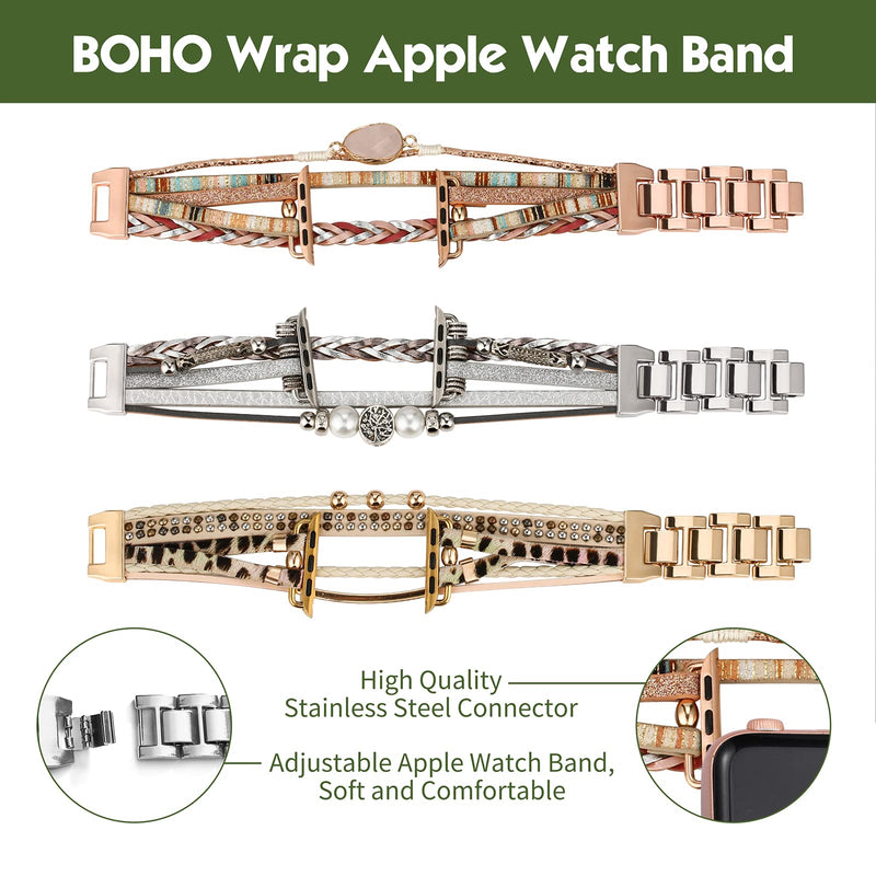 Boho Leather Wrap Bands Compatible with Apple Watch Band Bracelet for Women Men 38mm/40mm/41mm Multilayer Apple Watch Strap for Iwatch Band Series 9/8/7/6/5/4/3/2/1/SE Ultra 2
