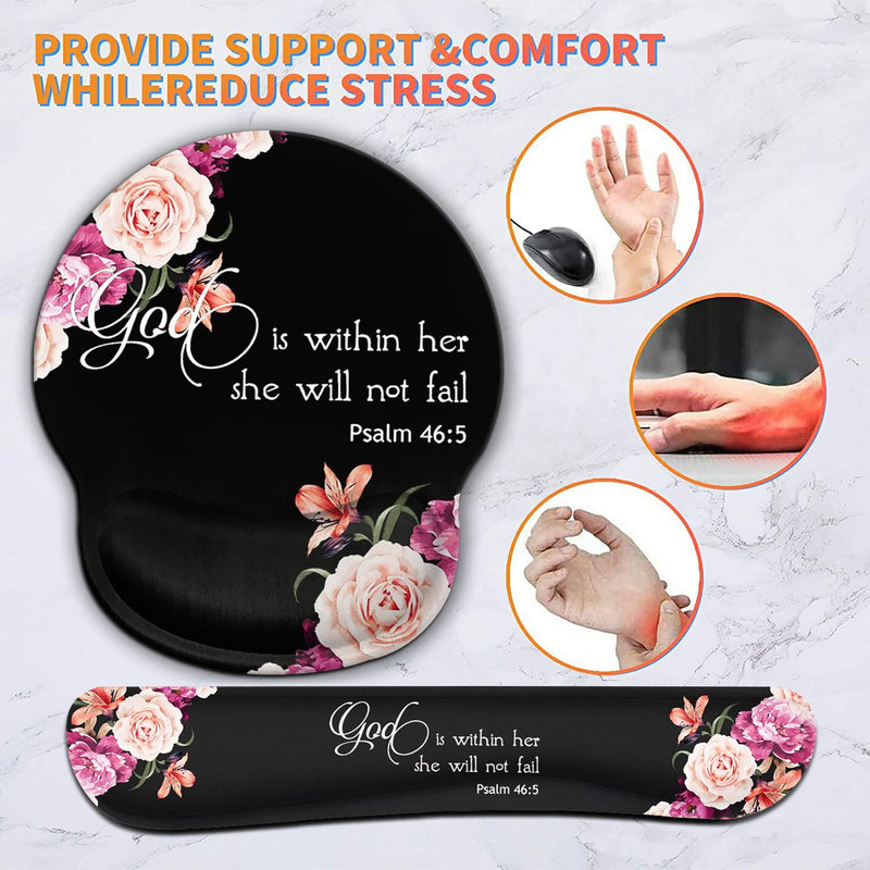 Keyboard Wrist Rest Pad and Ergonomic Mouse Pad Wrist Support Set for Computer, Gaming , Office, Pain Relief + Coasters，Peony Flower Psalm 46:5 God is Within Her, She Will Not Fall Fd-wristrest-3