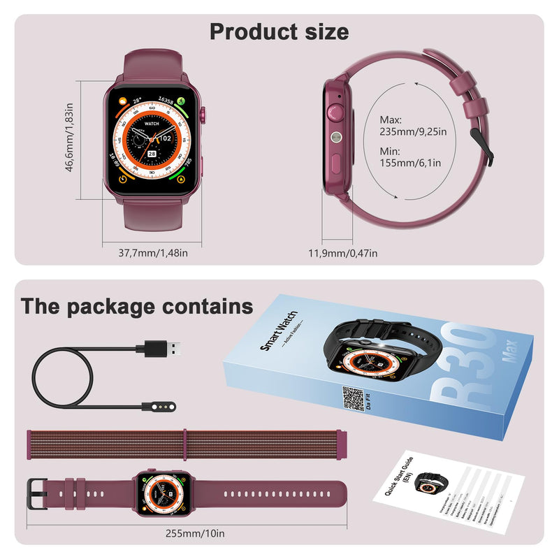 Smart Watch for Men Women, 1.91" HD Fitness Tracker with Bluetooth Calls, 32 FT Waterproof, 24/7 Heart Rate/Sleep Monitor, 120+ Sport Modes, Pedometer, Calories, Smartwatch for Android iOS (Purple) Purple-30