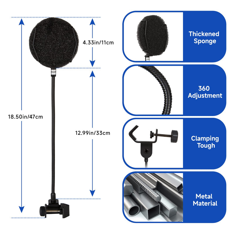 Pop Filter for Microphone - Sponge Layered Pop Wind Screen with Enhanced Flexible 360° Gooseneck Black Pop Filter
