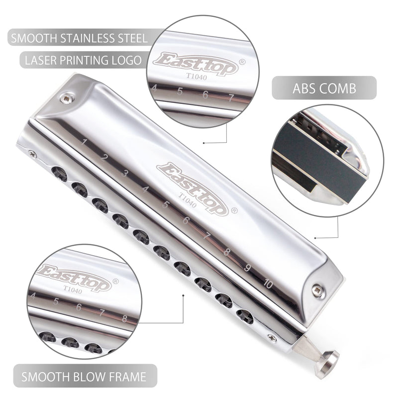 [AUSTRALIA] - Chromatic Harmonica Key of C,10 Holes 40 Tones Professional Mouth Organ with Slide for Beginners Adults, Professionals and Students by East top as a gift silver-40 