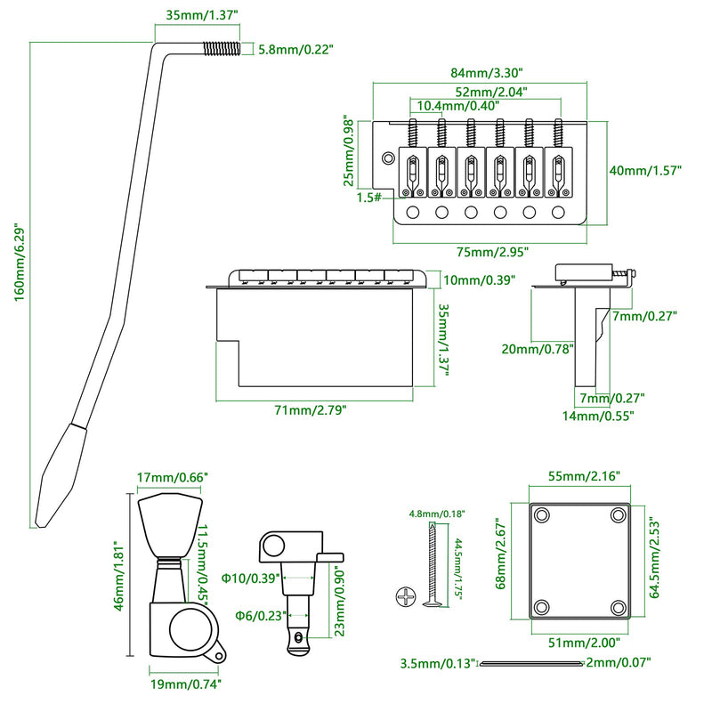 [AUSTRALIA] - Swhmc Silver 6 Strings Electric Guitar Tremolo Bridge Bar Kit,6R Sealed Gear Tuning Pegs Keys Machine Head with Neck Plate Reinforce Board for Strat Fender Guitar Replacement bridge and tuning pegs 