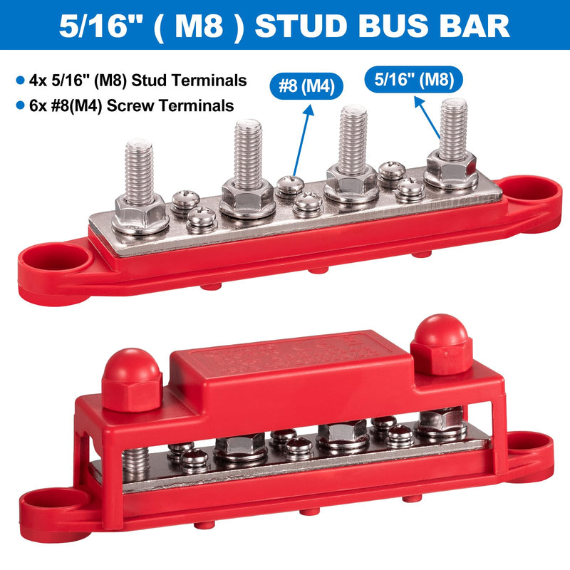 Spurtar 12V Bus Bar 12V Power Distribution Block 4X 5/16'' M8 Stud 6X #8 M4 Screws Bus Bar Terminal Block 12V 24V 48V 250A Battery Bus Bar for Car Truck RV ATV Boat Trailer Red Black Pair 4 x 5/16'' M8 - 6x #8 Screws