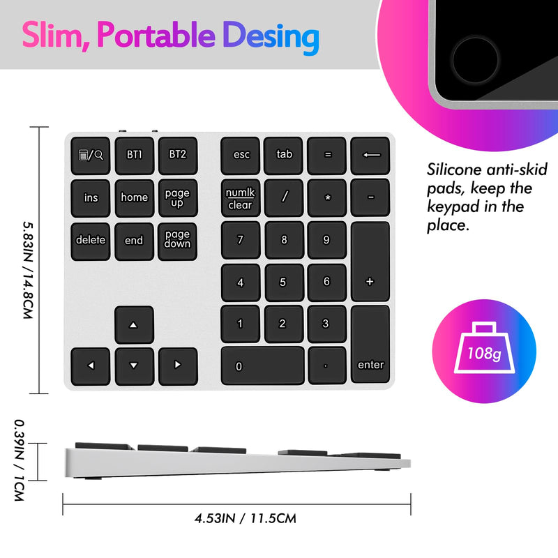 [AUSTRALIA] - Foloda Bluetooth Number Pad for Laptop Wireless Number Keypad for Laptop, Rechargeable 10 Key USB Numeric Keypad Numpad for Laptop PC Notebook Silver Grey 