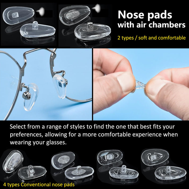 Eyeglass Nose Pads, GOTOBA 22 Pairs Screw-in Eyeglasses Nose Pads, Upgraded Glasses Nose Pad Replacement Kit with Eyeglass Screwdriver, Tweezers, Glasses Cloth, Small Screws.
