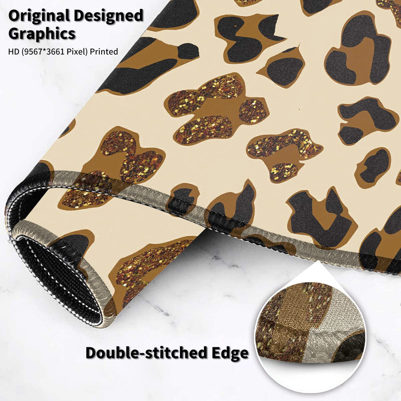 Leopard Glitter Mouse Pad Large with Coaster, 35.4"x15.7" Full Desk Mousepad Stitched Edges Non Slip Base Desk Pad Extended Large Gaming XXL Mouse Pad for Desk Office Home XXL-35.4"x15.7"x0.12" Leopard Glitter