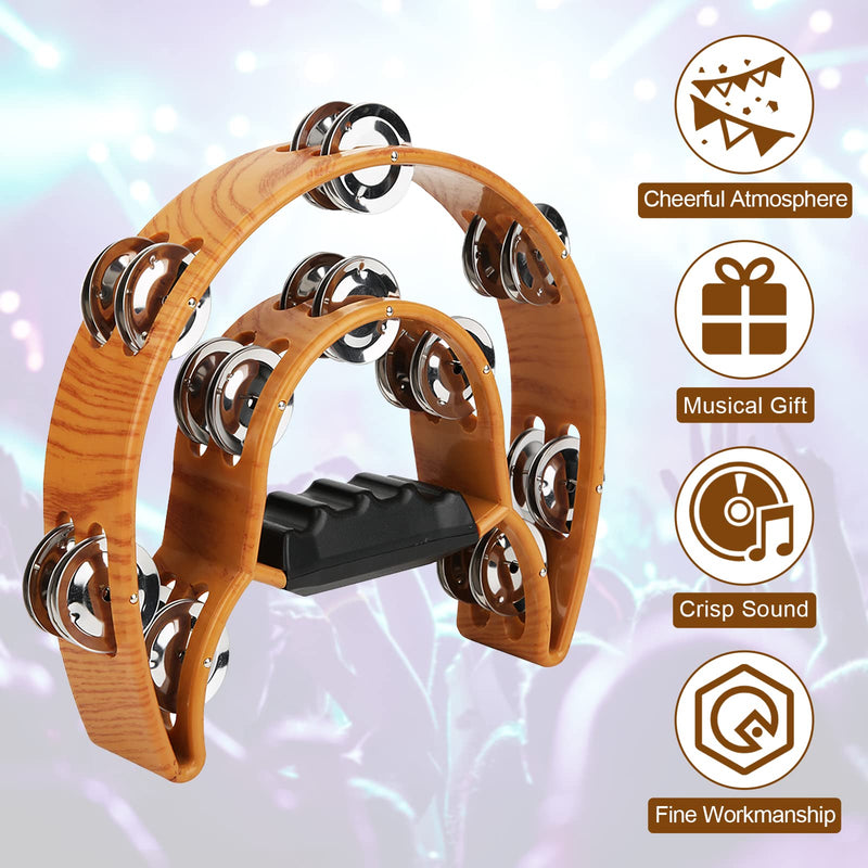 Double Row Jingles, Half Moon Musical Tambourine Double Row Handbell Tambourine Metal Jingles with Ergonomic Grip Percussion Instrument for KTV Party Church, Imitation Wood Color