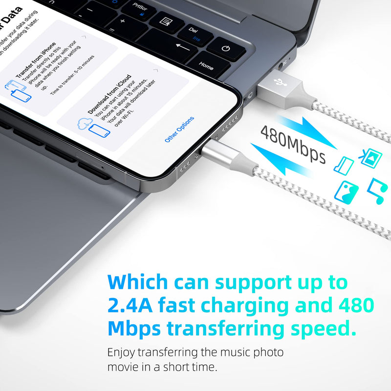 [AUSTRALIA] - iPhone Charger 3pack 10FT Apple MFi Certified Long Lightning Cable Fast Charging High Speed Data Sync USB Cable Compatible iPhone 14 13/12/11 Pro Max/XS MAX/XR/XS/X/8/7/Plus/6S (Grey White) Grey White 