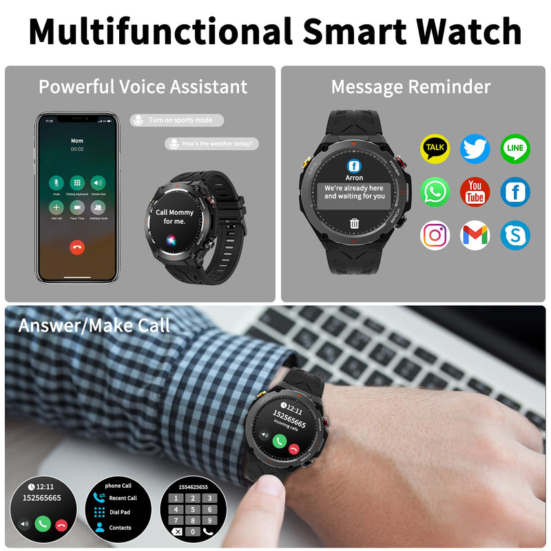 Military Smart Watch with GPS, Pressure/Altitude/Compass, Rugged Smartwatch for Men with 650mAh Extra-Large Battery, Answer/Make Call, 100+ Sports Mode, Metal Body Fitness Tracker for Android iOS