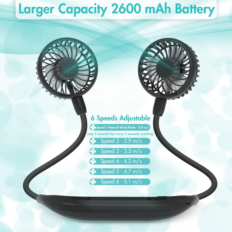 Portable Neck Fan, 2600mAh Battery Operated Ultra Quiet Hands Free USB Fan with Strong Wind, 360° Adjustable High Flexibility Wearable Personal Fan for Home Office Outdoor Travel (Dark Blue) Black