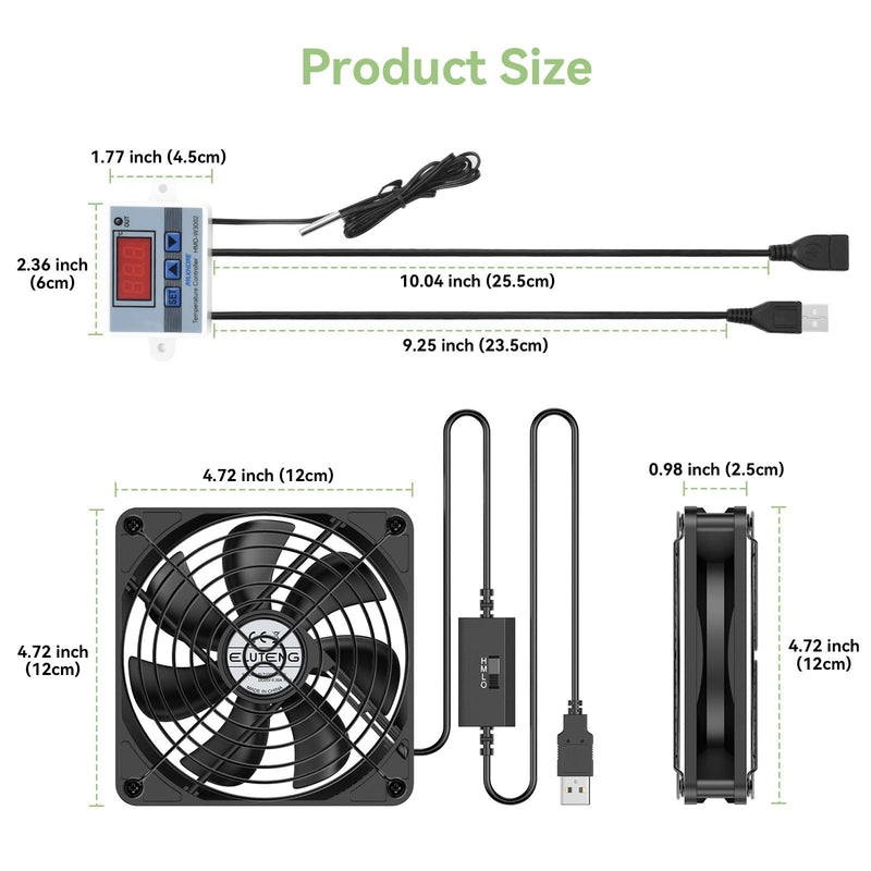 ELUTENG USB Fan 120 mm 5 V PC Fan Dual Ball Bearing with Digital Temperature Control, USB Fan 12 cm Case Fan with 3 Adjustable Speeds for PS5/Laptop/TV Box/AV Cabinet/Router 120mm Lüfter+Digitaler Temperaturregler