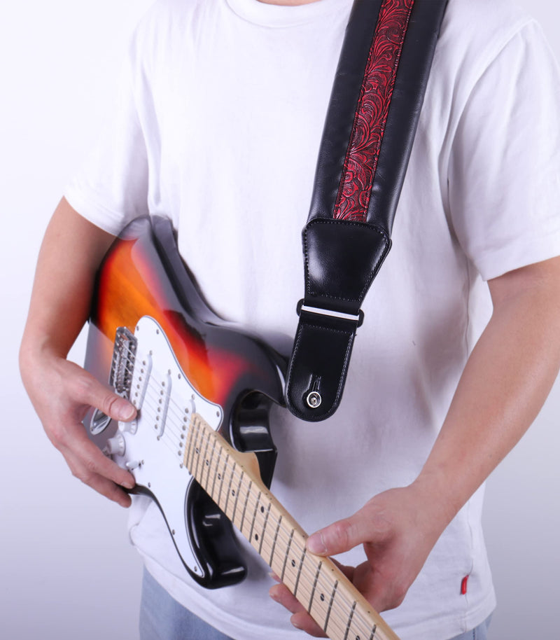 Neoprene Leather Guitar Strap 3.4'' With Carbon Buckle, Leather Top & Back Soft For Bass, Electric Acoustic Guitar Red