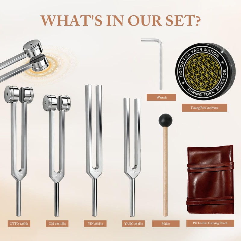 [AUSTRALIA] - Tuning Forks for Healing Set (128Hz, 136.1Hz, 256Hz, 384Hz) with Activator & Wooden Mallet, Chakra Healing, Sound Therapy, Reiki, Yoga, Energy Balancing Tools 