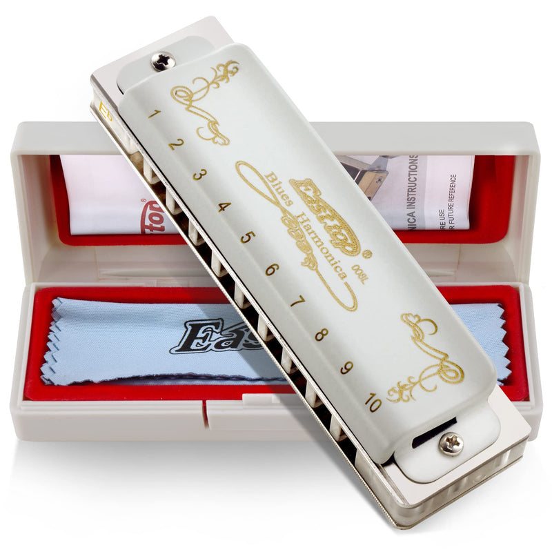 [AUSTRALIA] - East top 10 Hole 20 Tone Diatonic Blues Harmonica, Key of Eb, White, Professional, Brass & Acrylic 