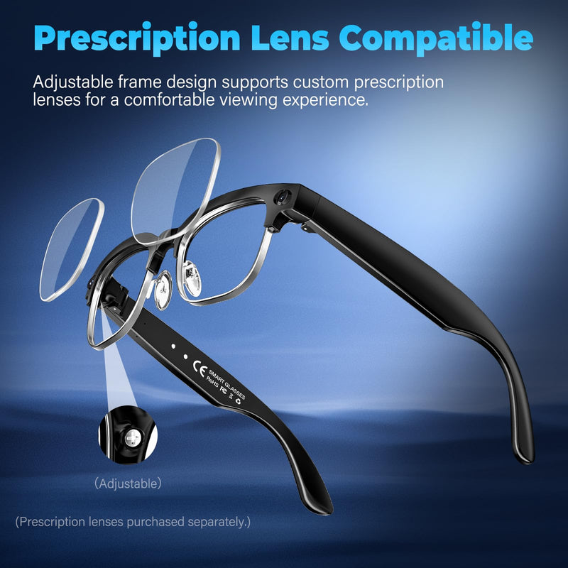 AI Smart Glasses with Camera, 4K EIS, Real-Time Translation | AI Object Recognition, Open-Ear Speakers, AI Voice Assistant, Bluetooth Calling, IP66 Water Resistance, Photochromic Lenses Black Glasses Pouch Included