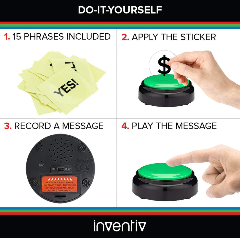 Inventiv 30 Second Custom Recordable Talking Button, Record & Playback Your Own Message, Quality Voice Sound Recorder - 15 Phrase Stickers Included (Green) Green
