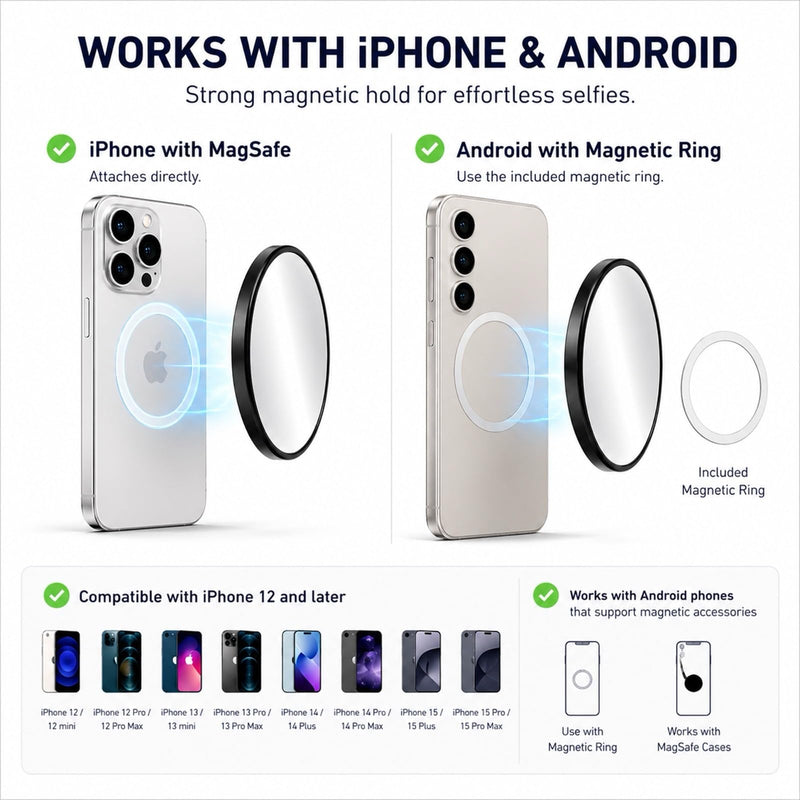 Magnetic Selfie Mirror for Phone, Rear Camera Selfie Mirror, Magnetic Phone Camera Mirror for Content Creation, Vlogging, Live Streaming, Video Recording, Compatible with Most Smartphones