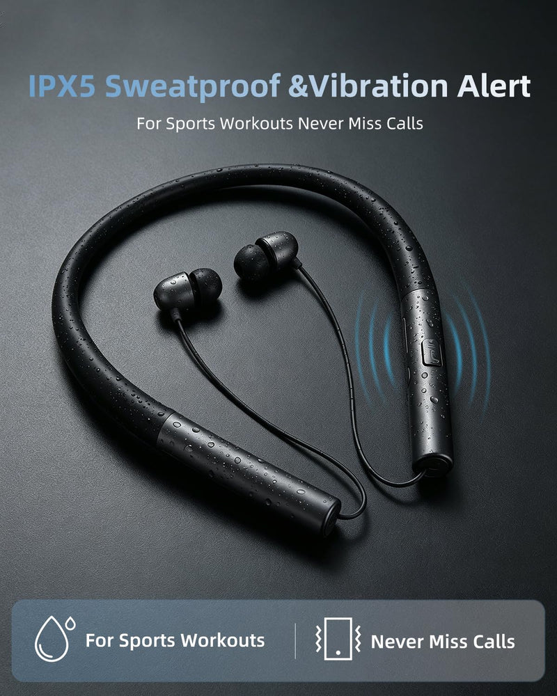 Neckband Bluetooth Headphones, Retractable Headphone & IPX5 Sweatproof, Neckband Headphones Vibration Alert Calls with Stereo Noise Cancelling for Sports/Business Onyx Black