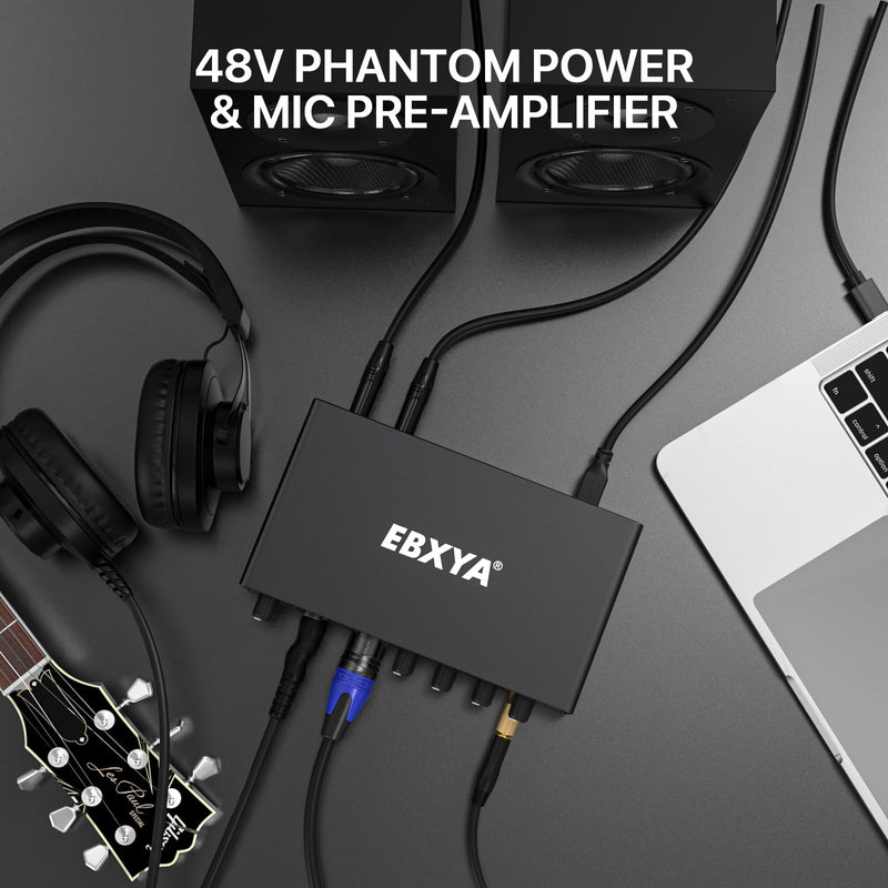 EBXYA 2i2 USB Audio Interface for PC Recording, 24-bit/192kHz Plug and Play USB Interface +48V Phantom Power for Music, Studio, Guitar, Podcast, Streaming No Software Included(Metallic Black) Audio Interface-Black