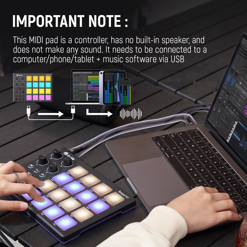 [AUSTRALIA] - Synido TempoPAD Midi Controller Beat Maker Machine for Music Production, Portable USB MIDI Beat Pad Controller for Beginners with Durable Carrying Bag, 16 Backlit Beat Pad, 4 Assignable Knob Black 16 MIDI 