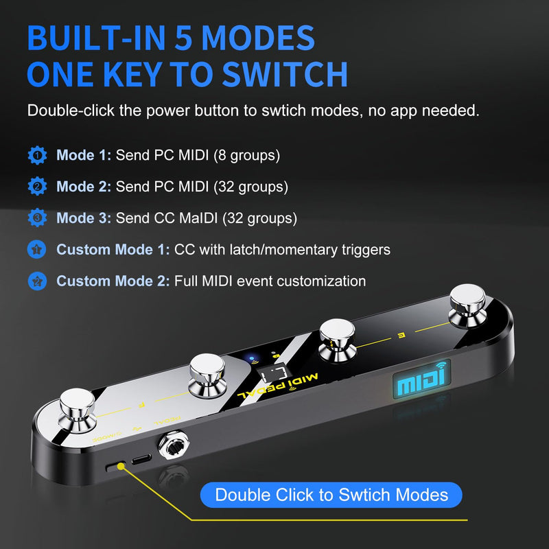 [AUSTRALIA] - Wireless MIDI Foot Controller Pedal with Mate MIDI Receiver, 4 Customizable Footswitches, Expression Pedal, Bluetooth & USB MIDI, PC App Programmable, 5 Modes - Works with DAWs, Synths, FX Units 