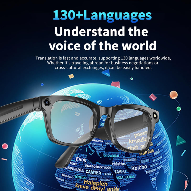 AI Smart Camera Glasses Bluetooth Real Time 130+ Language Translation Eye Glasses 1080P Video Recording Open Ear Audio Handsfree Eyewear with 16GB Storage for Office Work Computer Travel Vlog Clear