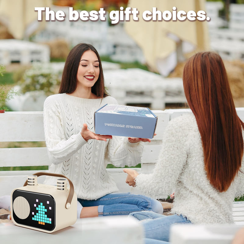 Karaoke Machine for Kids Adults, Portable Bluetooth Karaoke Speaker with 2 Wireless Microphones, Pixel Display Light, Birthday Gifts Toys for Girls & Boys Ages 3, 4, 5, 6, 7, 8, 9,10,11,12+ Years 2 Mics Beige