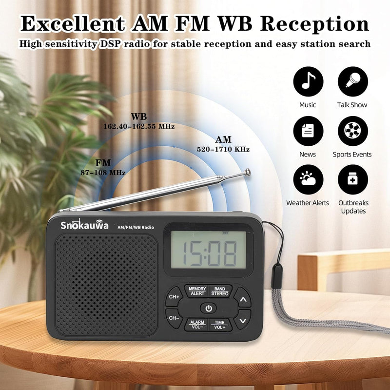 AM FM Radio, Portable Emergency Weather NOAA Radio, Small Digital Radio with Dual Mode Storage, Digital Tuner, Sleep Timer, Wall Plug and Battery Powered (Grey) Grey