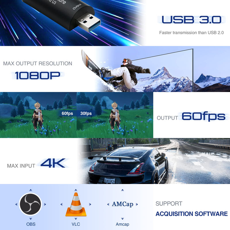 HDMI to USB 3.0 Video Capture Card, Cam Link 1080P60 Game Capture Card Device for Streaming Recorder, Live Broadcasting, Compatible with Nintendo Switch,Xbox,PS4 (VLC/OBS/Amcap) UCH701 USB 3.0 4K HDMI Video Capture Card