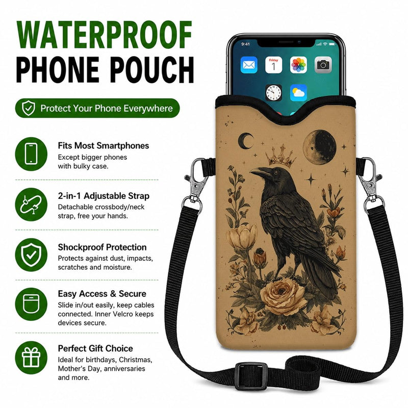 Neoprene Phone Sleeve Pouch Case Bag for Women Men with Crossbody Strap, 7.1x3.9 in, Shockproof Mobile Protection Case Bag with Neck Lanyard, Fits Most Phones, Gothic Raven Color 06