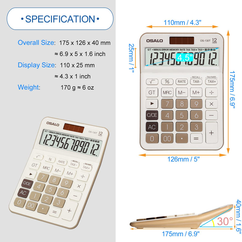 Pendancy 12 Digit Office Calculator Desktop with Tax+/- for Advanced Tax Calculation, Large LCD Display Big Buttons, Dual Power Durable Portable Design, for Financial Accounting Business Use 130T-Brown