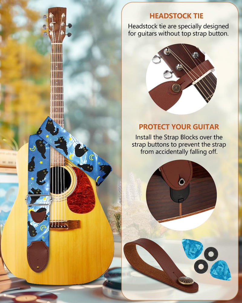 Acoustic Guitar Strap for Ukulele Bass Classical Electric Guitar Correa para Guitarra Adult Size Cool Long Adjustable Blue Cats