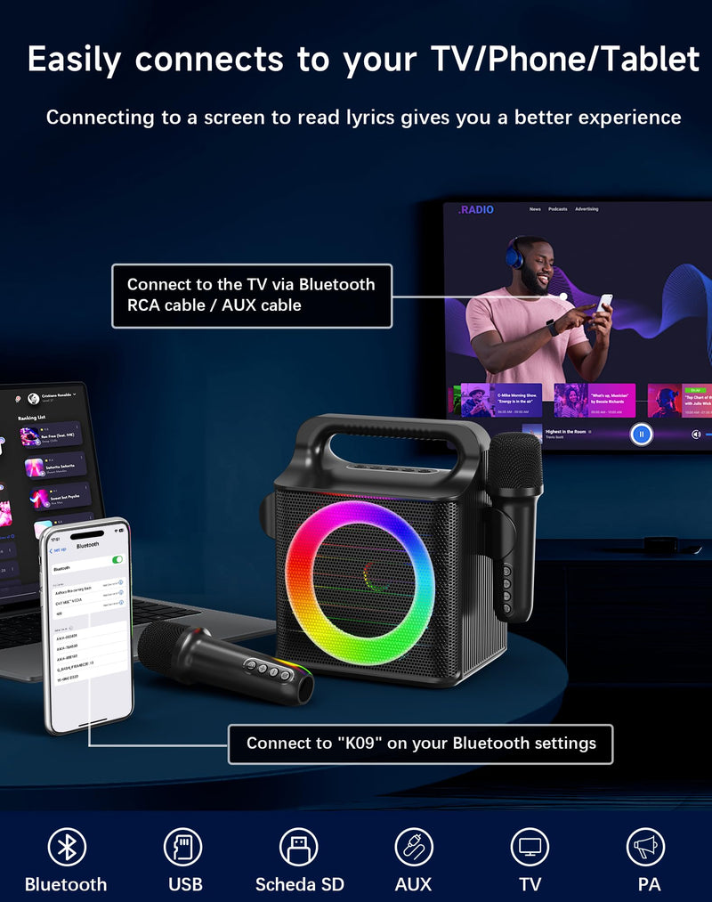 SINWE Portable Karaoke Machine with 2 Wireless Microphones - Bluetooth Singing Device with Colorful Lights & 15W Speaker for Christmas, Birthday Parties, Weddings & Home Entertainment