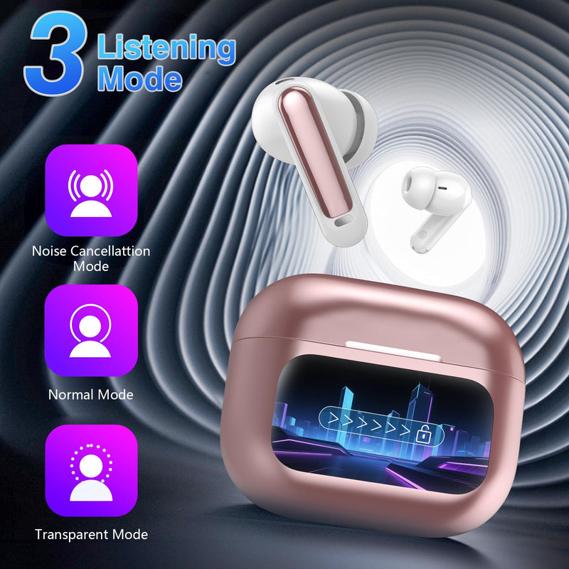 Wireless Earbuds, Bluetooth 5.4 Headphones with Multifunctional Touch Screen, 48H Bass Stereo Ear Buds with ANC/ENC Noise Cancelling/Transparency Mode,IPX7 Earphones with 5 EQ Modes,Rose Gold Rose Gold