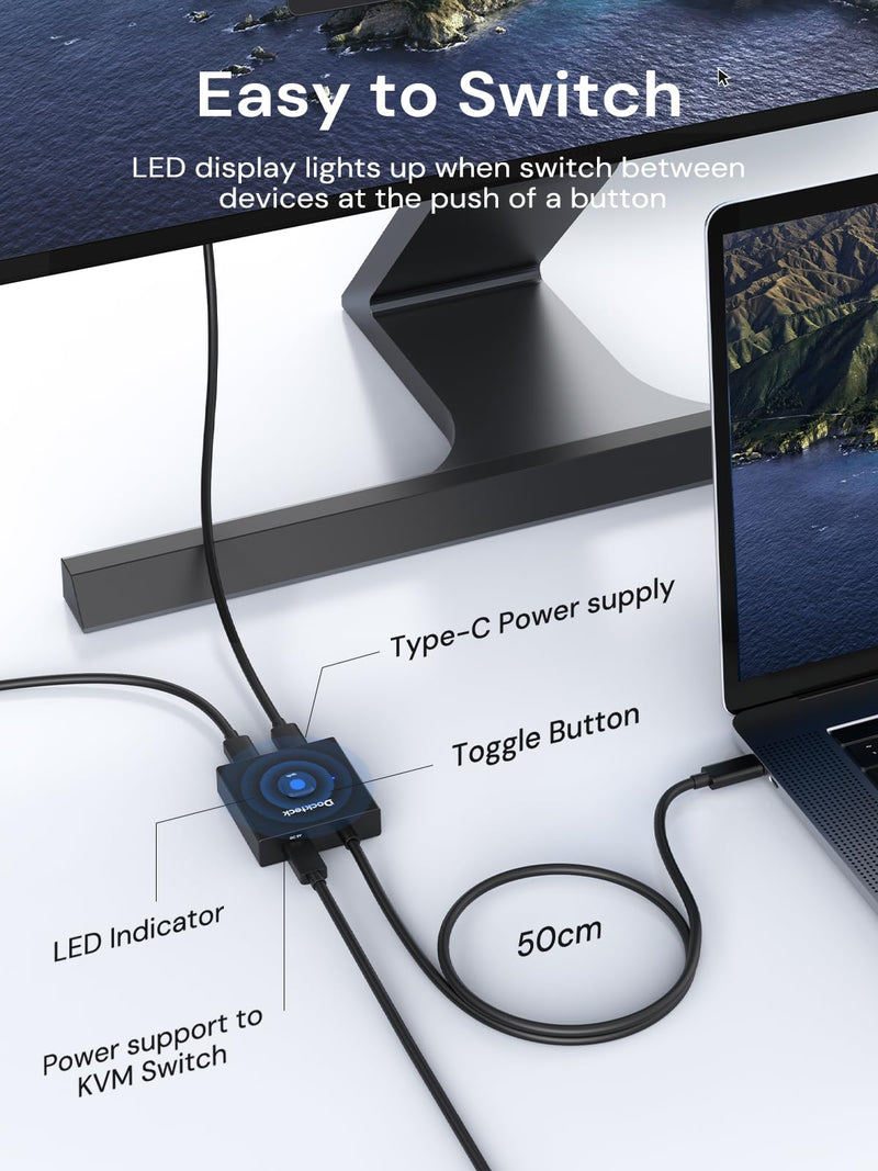 Dockteck USB C Switch, Bi-Directional Switcher，1 in 2 Out/2 in 1 Out with 10Gbps Transfer Speed and 100W PD Charging,USB Switch with 4K@60Hz,1.9FT USB-C Cable for Printer, Laptop,Scanner