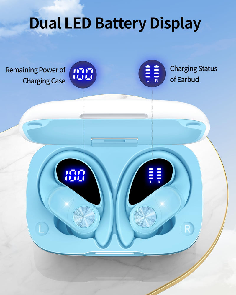 2 Sets Bluetooth Headphones Wireless Earbuds 80hrs Playtime Wireless Charging Case Sports Ear buds with Earhook Premium Deep Bass IPX7 Waterproof Over-Ear Earphones for TV Phone Laptop Black and Blue