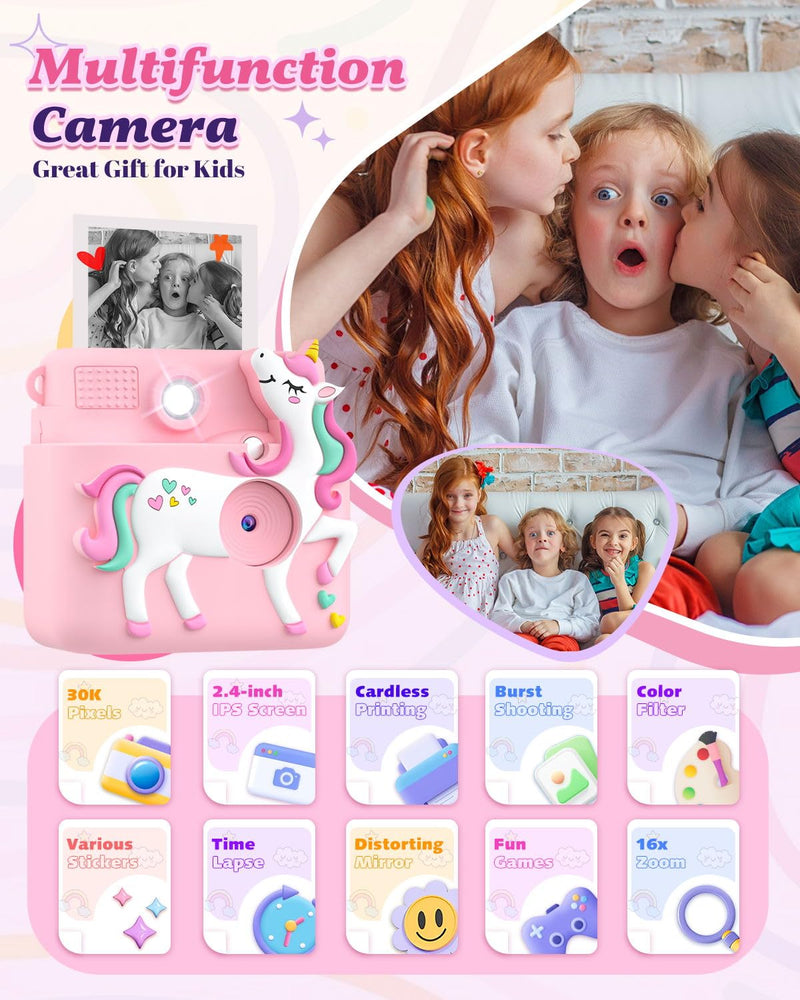 Kids Camera Instant Print, 1080P Cameras for Kids Girls Toys Age 6-8, Christmas Birthday Gift for 7 8 9 10 Year Old Girls, Kids Toys for Girls Age 3-12 with 3 Rolls Paper and a 32G Card-Pink Pink