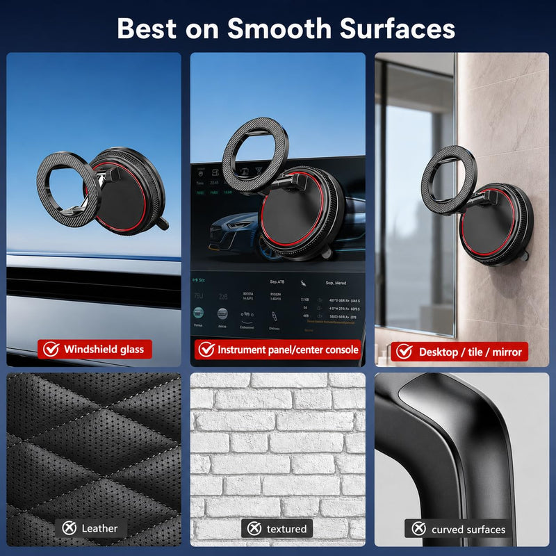 Car Phone Holder Mount for MagSafe, 108LBS Vacuum Suction&3000gf Magnetic | 360° Adjustable Foldable Dashboard Windshield Car Phone Mount for iPhone 17-12 & Android black norm