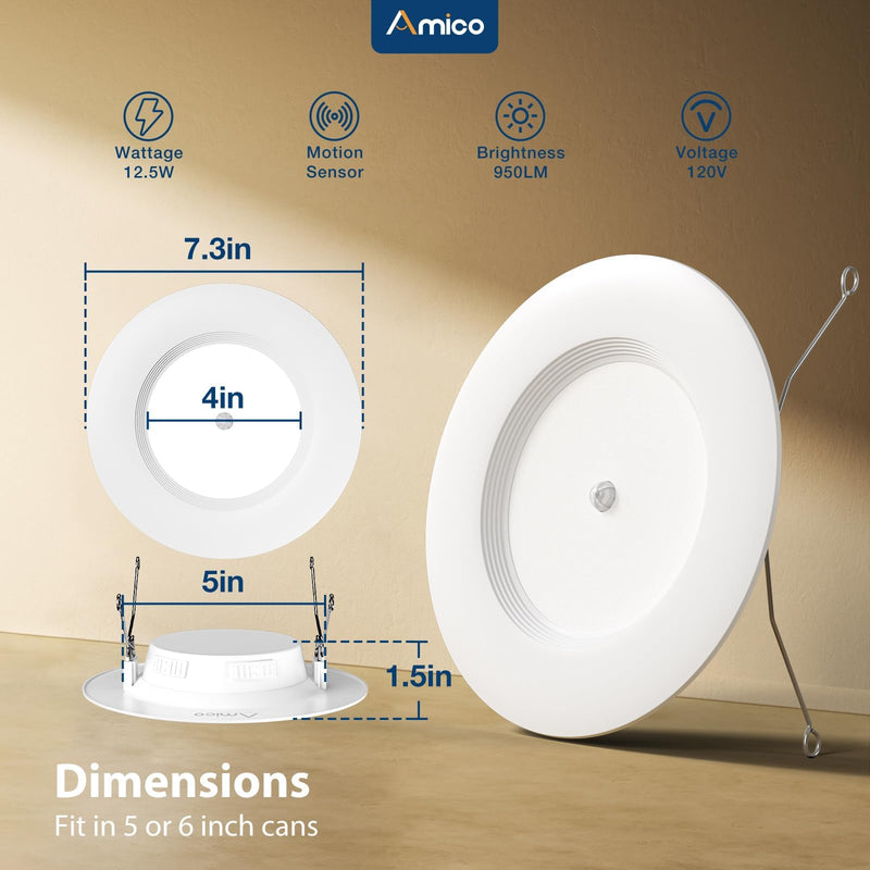 Amico 2 Pack 5/6 inch Motion Sensor Recessed Light, 12.5W=100W, 950LM, 2700K/3000K/4000K/5000K/6000K Selectable, LED Retrofit Can Lights, IC Rated - ETL & FCC, White