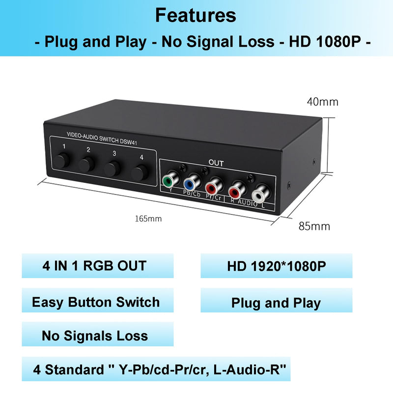 Component AV Video Switch Box 4 in 1 Out 1080P, 4-Way 5 RCA YPbPr Composite L/R Audio AV Splitter RGB Selector Switcher Converter for Xbox 360 Wii PS3 PS2 PS1 SNES DVD/VCD/STB/TV/HDTV, Plug & Play 4-Way Switch