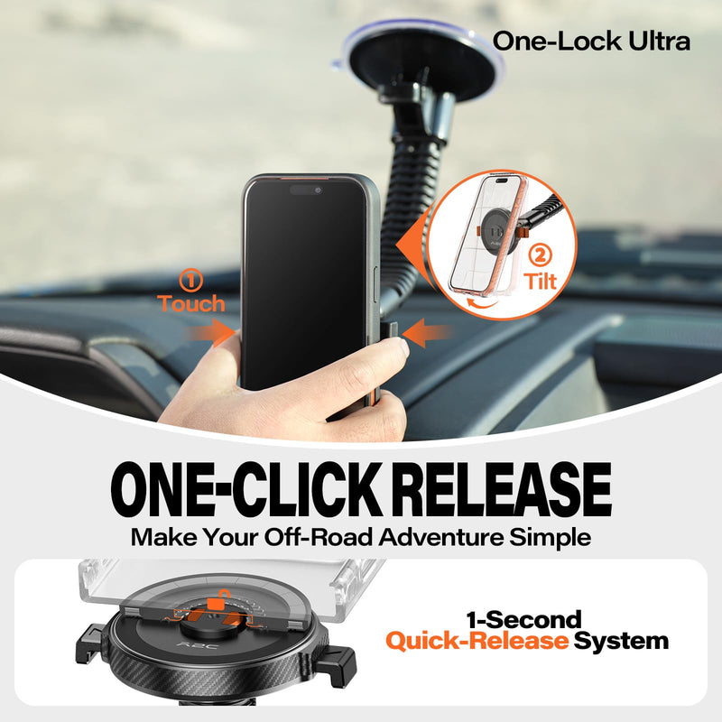 A2C One-Lock Ultra Off-Road Truck Phone Mount Heavy-Duty Phone Holder | Magnetic Alignment with Automatic Dual-Latch Locking System, One-Hand Quick Release, 4.33" Heavy-Duty Vacuum Suction Cup
