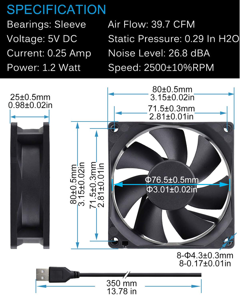 GDSTIME Dual 80mm USB Fan 80mm x 25mm 5V for Receiver DVR Playstation Xbox Computer Cabinet Cooling 80x80x25mm