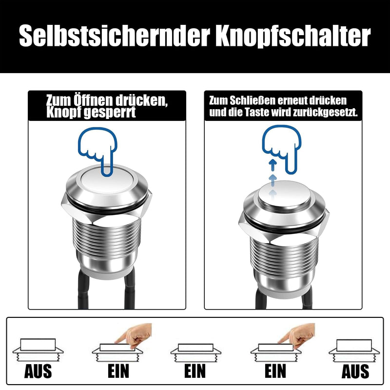 [AUSTRALIA] - Powice 2 x 12 mm waterproof switch, pressure switch, self-locking stainless steel button switch, 12 V/230 V, suitable for horns, car bells, cars etc. with 20 cm connection cable (protruding) Protruding self-locking switch 