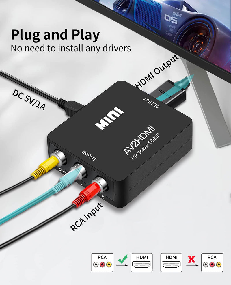 [AUSTRALIA] - RCA to HDMI Converter, RCA to HDMI Adapter, 1080P Mini RCA Composite CVBS AV to HDMI Video Audio Converter Adapter Support PAL/NTSC for N64 Wii PS2 PS3 Xbox VHS - with RCA and HDMI Cable RCA converter with RCA and HDMI cable 