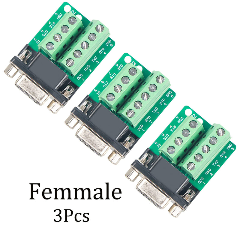 DB9 Breakout Connector,Female D-SUB Adapter Plate Connector RS232 Serial to Terminal Board Signal Modul-3 Pcs